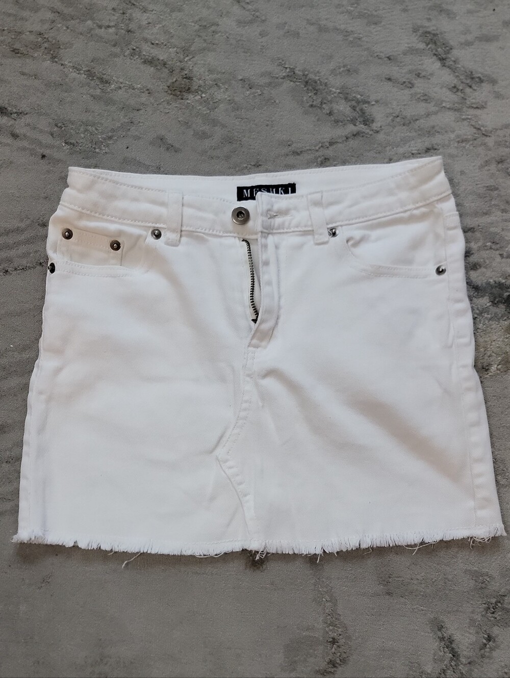 Meshki White Denim Mini Skirt with Frayed Hem